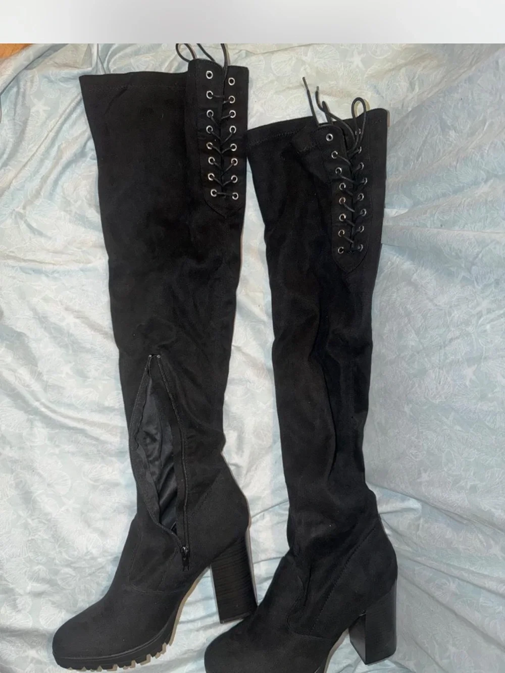 Black Over-the-Knee Lace-Up Block Heel Boots - Women